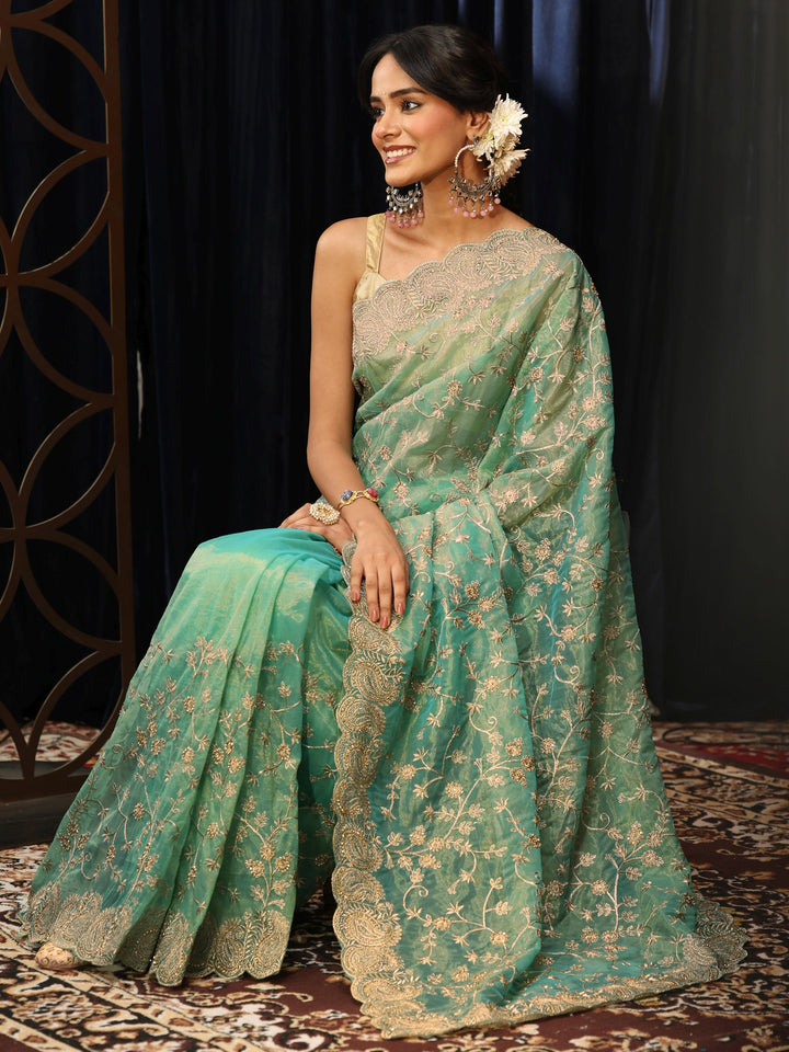 Libas Mint Green Floral Embroidered Net Saree