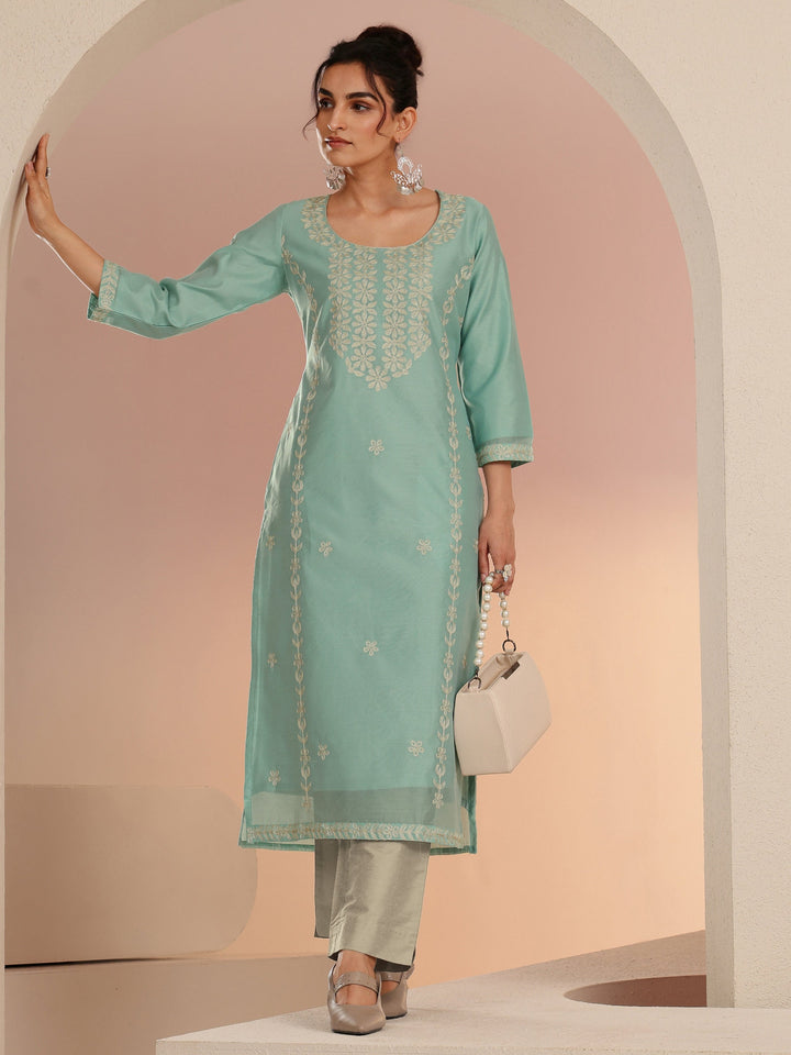 Libas Mint Green Floral Embroidered Silk Blend Straight Kurta