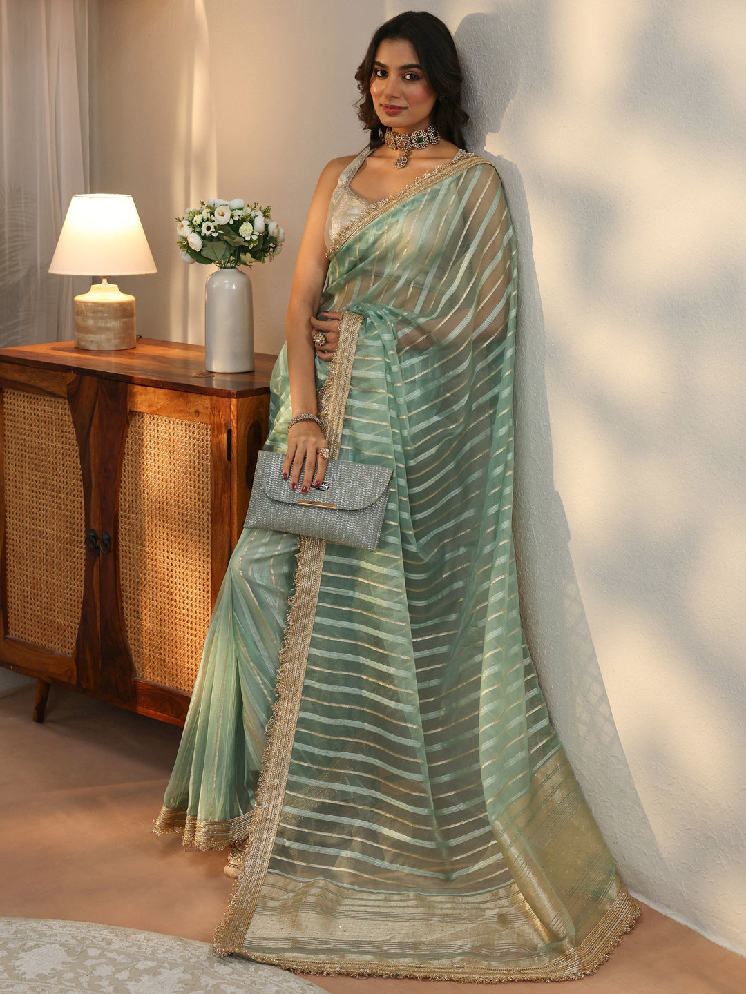 Mint Green Striped Tissue Saree