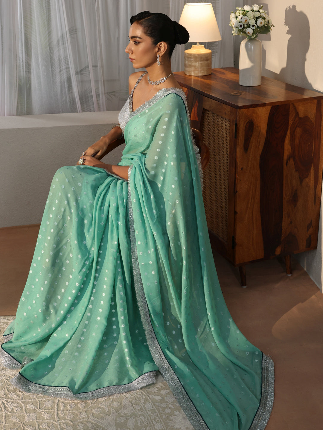 Mint Green Woven Design Tissue Saree