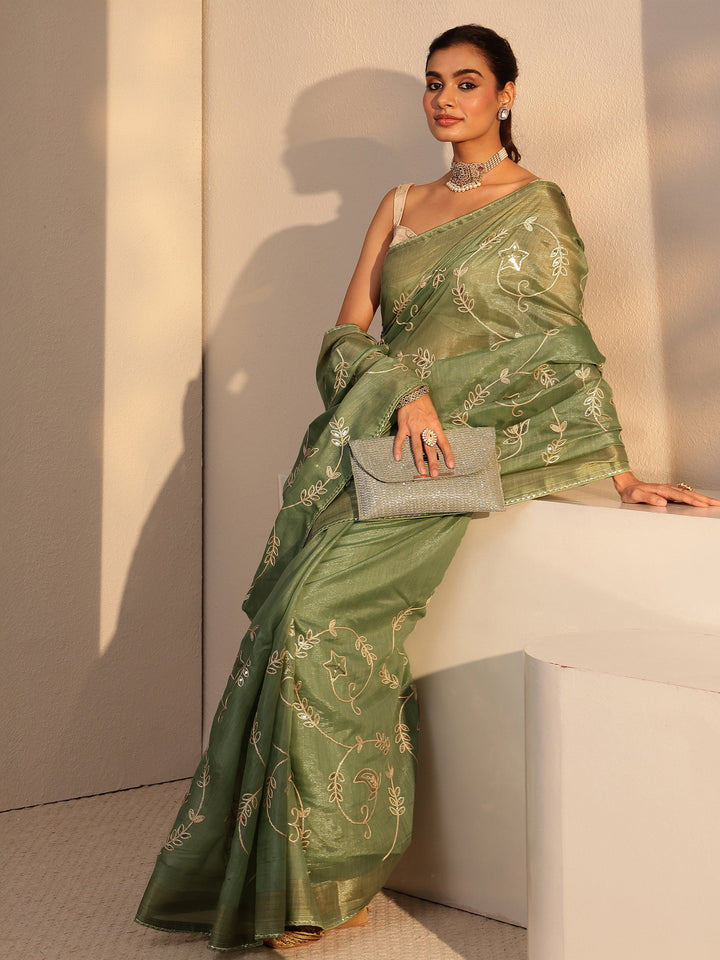 Libas Moss Green Floral Embellished Tissue Saree