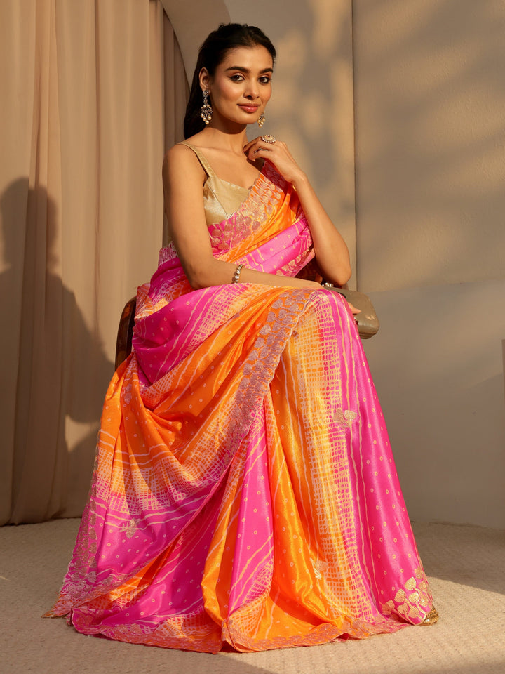 Libas Multi Color Bandhani Printed Satin Saree