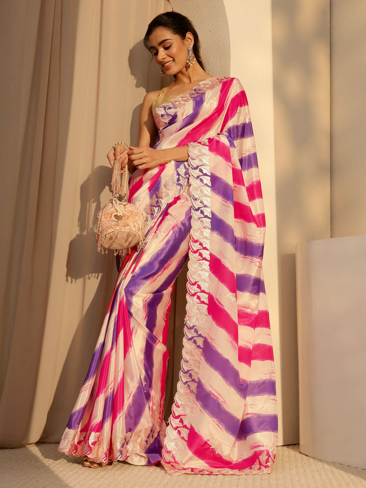 Libas Multi Color Leheriya Printed Satin Saree