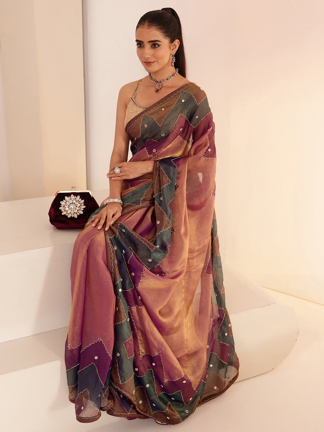 Multi Color Mirror Work Silk Blend Saree