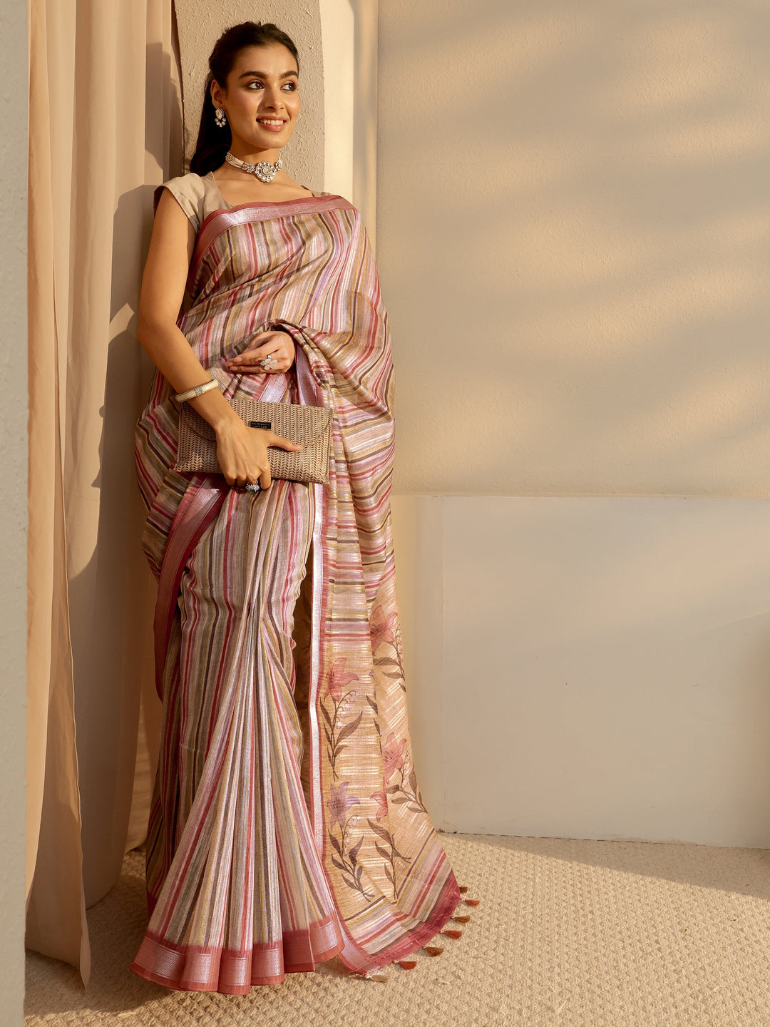 Multi Color Striped Cotton Blend Saree