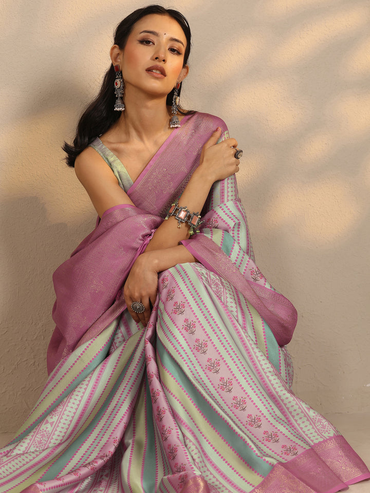 Multi Printed Silk Blend Saree With Unstitched Blouse Piece
