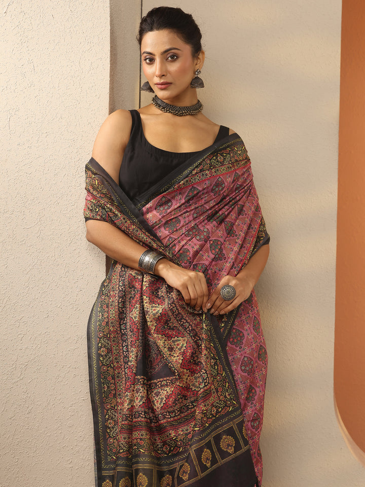 Multi Printed Silk Blend Saree With Unstitched Blouse Piece