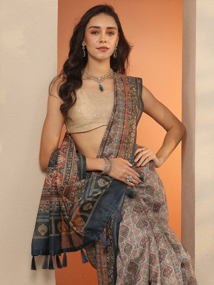 Multi Printed Silk Blend Saree With Unstitched Blouse Piece