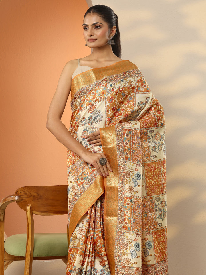 Multi Printed Silk Blend Saree With Unstitched Blouse Piece