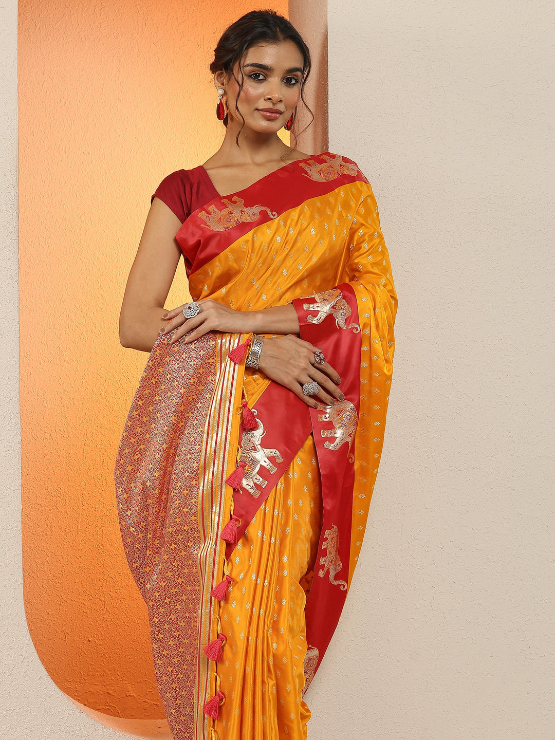 Mustard  Woven Design Silk Blend Sarees With Unstitched Blouse Piece