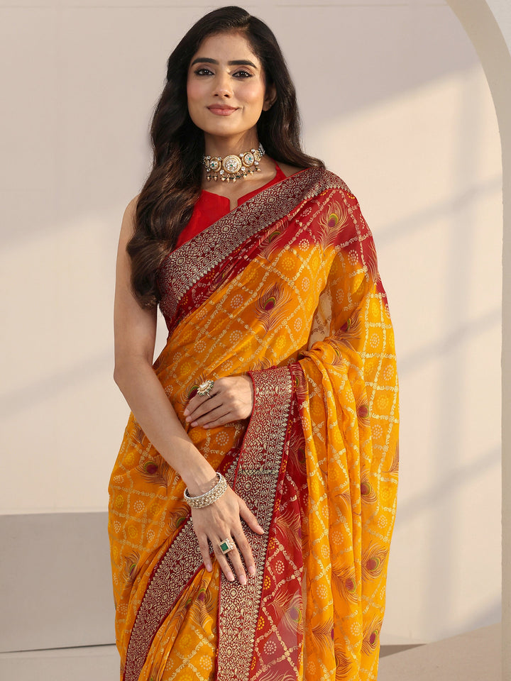 Libas Mustard Bandhani Printed Georgette Pre Draped Saree
