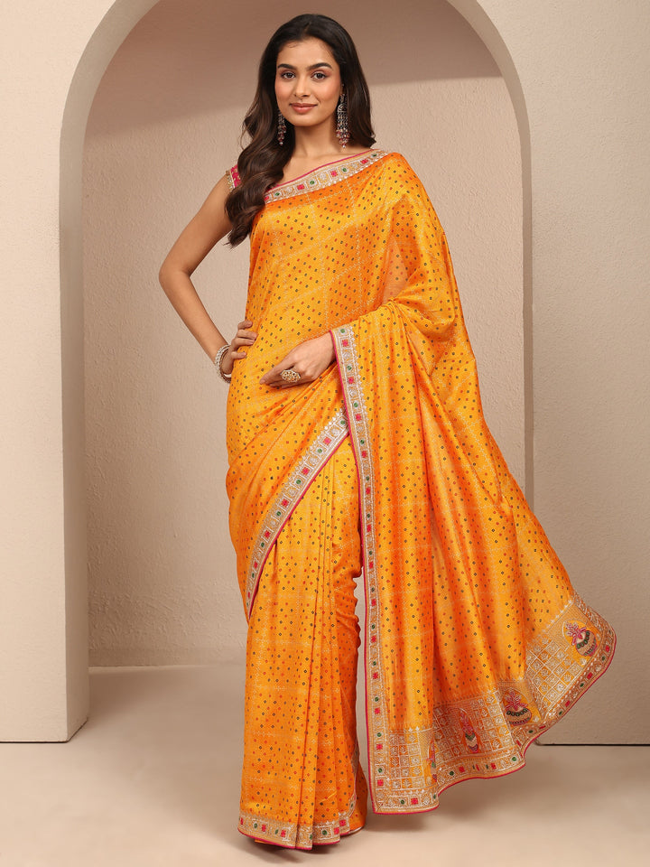 Mustard Bandhani Printed Silk Blend Saree With Unstitched Blouse Piece