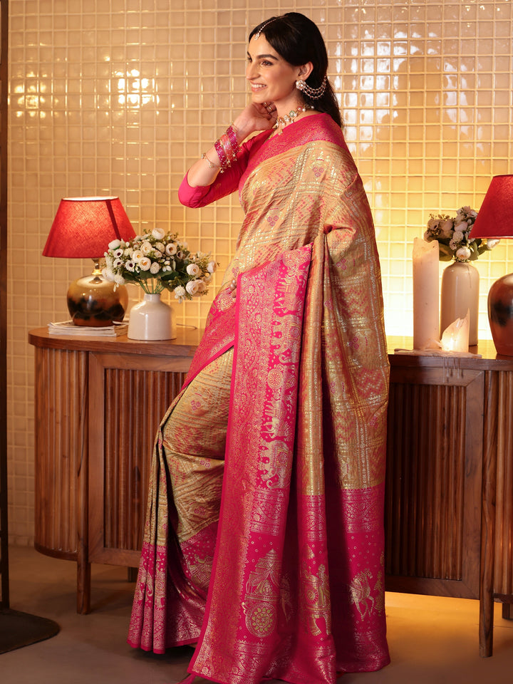 Libas Mustard Bandhani Woven Design Silk Blend Saree