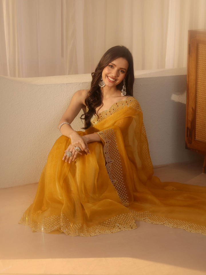 Libas Mustard Bead Work Tissue Saree