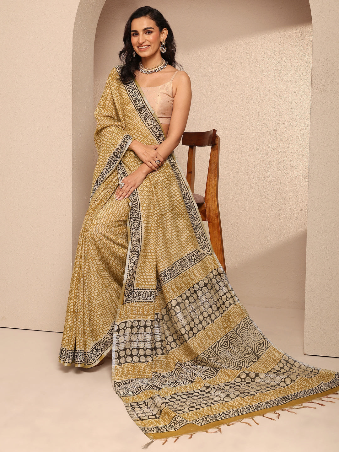 Mustard Block Printed Cotton Saree With Unstitched Blouse Piece