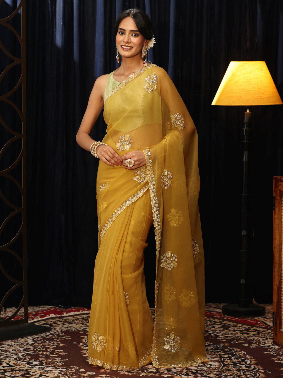 Libas Mustard Chiffon Saree with Embellished Floral Motifs