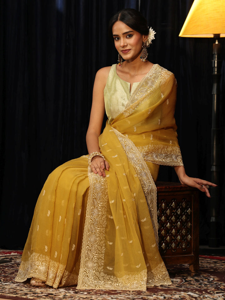 Libas Mustard Chiffon Saree with Floral Border