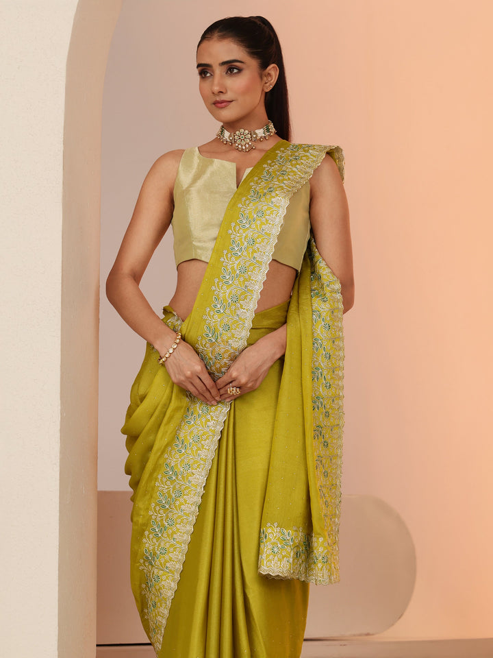 Libas Mustard Embellished Chiffon Saree with Floral Border