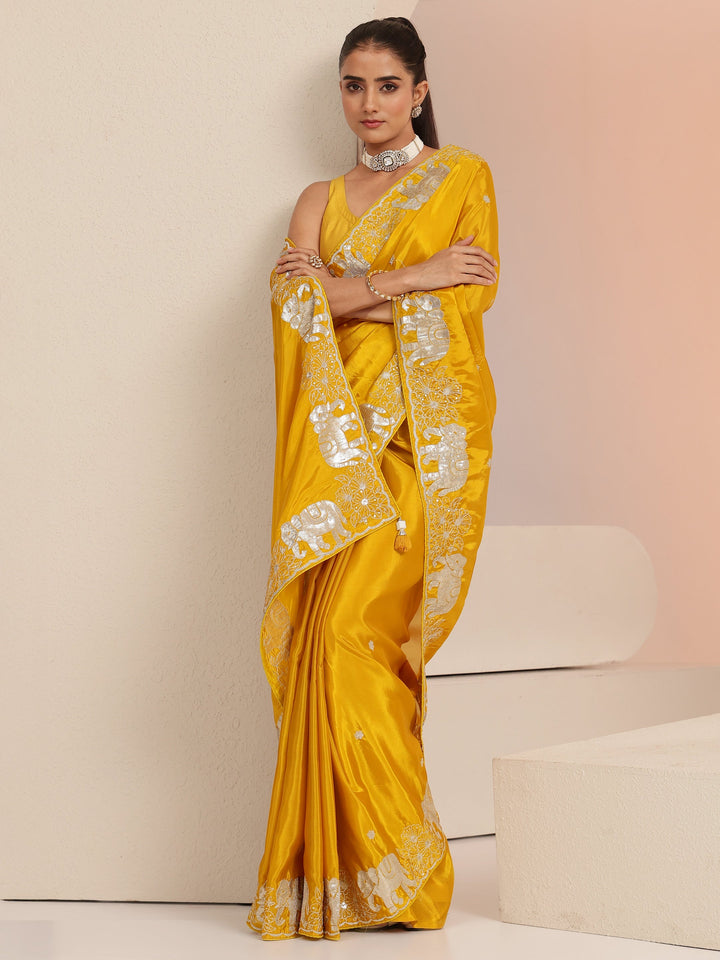 Libas Mustard Embellished Satin Saree with Gaja Motif Border