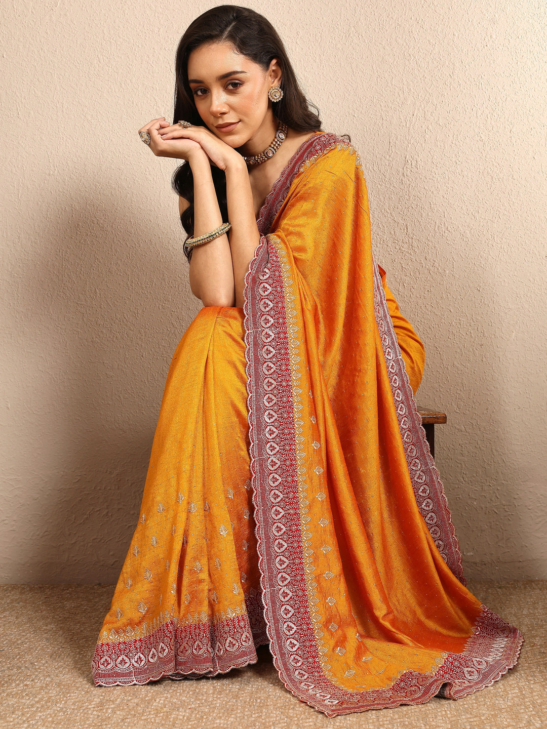 Mustard Embellished Silk Blend Saree With Unstitched Blouse Piece