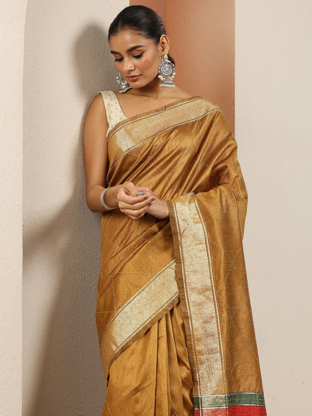 Mustard Embellished Silk Blend Sarees With Unstitched Blouse Piece