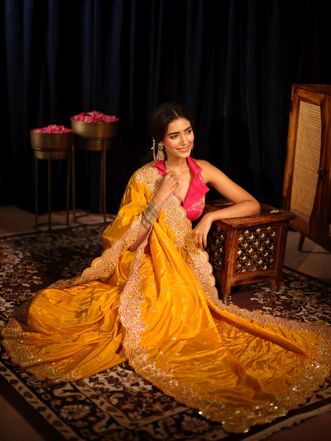 Libas Mustard Embroidered Floral Border Silk Blend Saree