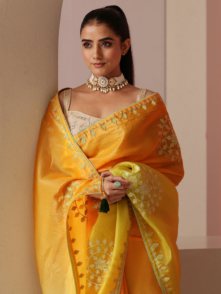 Libas Mustard Ethnic Embroidered Ombre Satin Saree