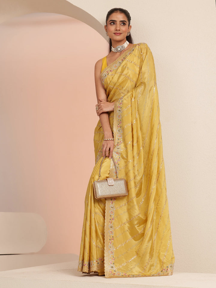 Libas Mustard Ethnic Embroidered Satin Saree