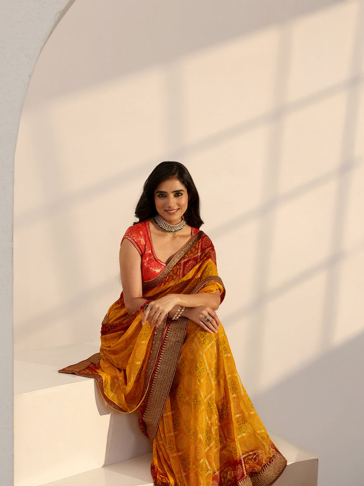 Libas Mustard Ethnic Motif Printed Georgette Pre Draped Saree