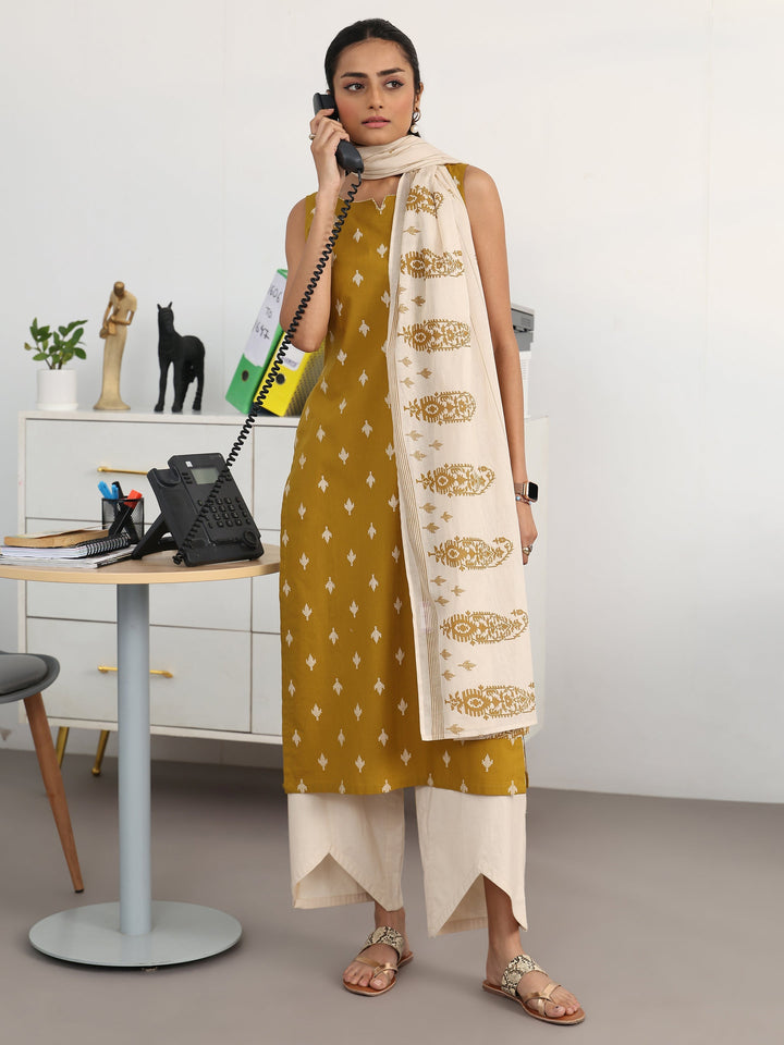 Libas Mustard Ethnic Motifs Printed Cotton Blend Straight Suit Set With Dupatta
