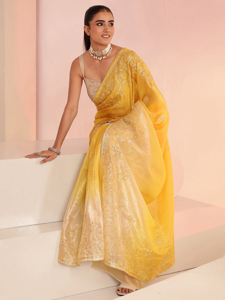 Libas Mustard Floral Embellished Ombre Satin Saree