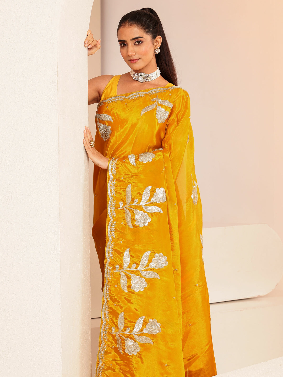 Mustard Floral Embellished Satin Saree