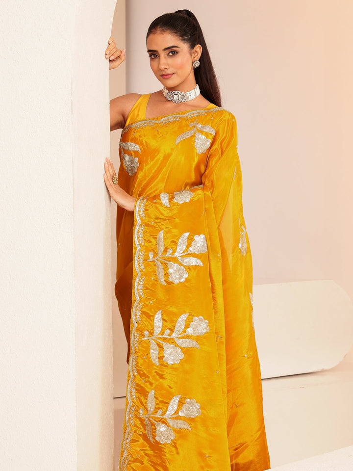 Libas Mustard Floral Embellished Satin Saree