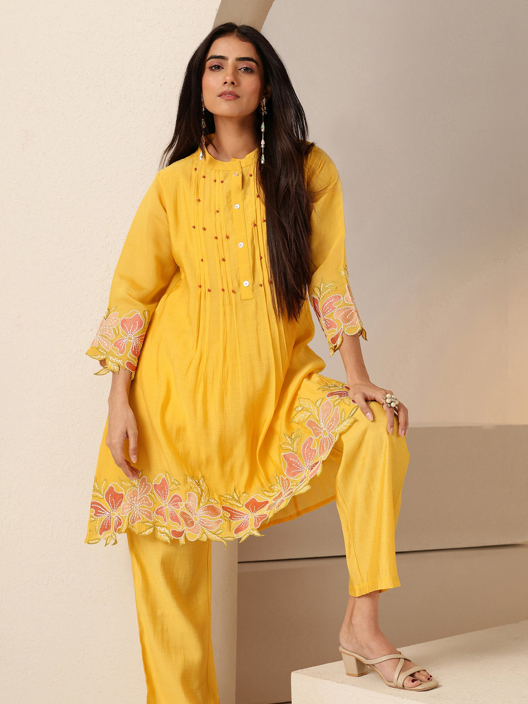 Libas Mustard Floral Embroidered Chanderi Cotton Co-ord Set