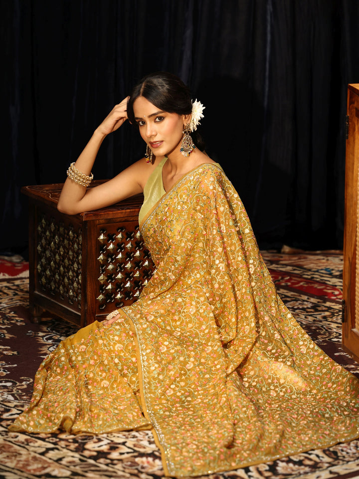 Libas Mustard Floral Embroidered Chiffon Saree