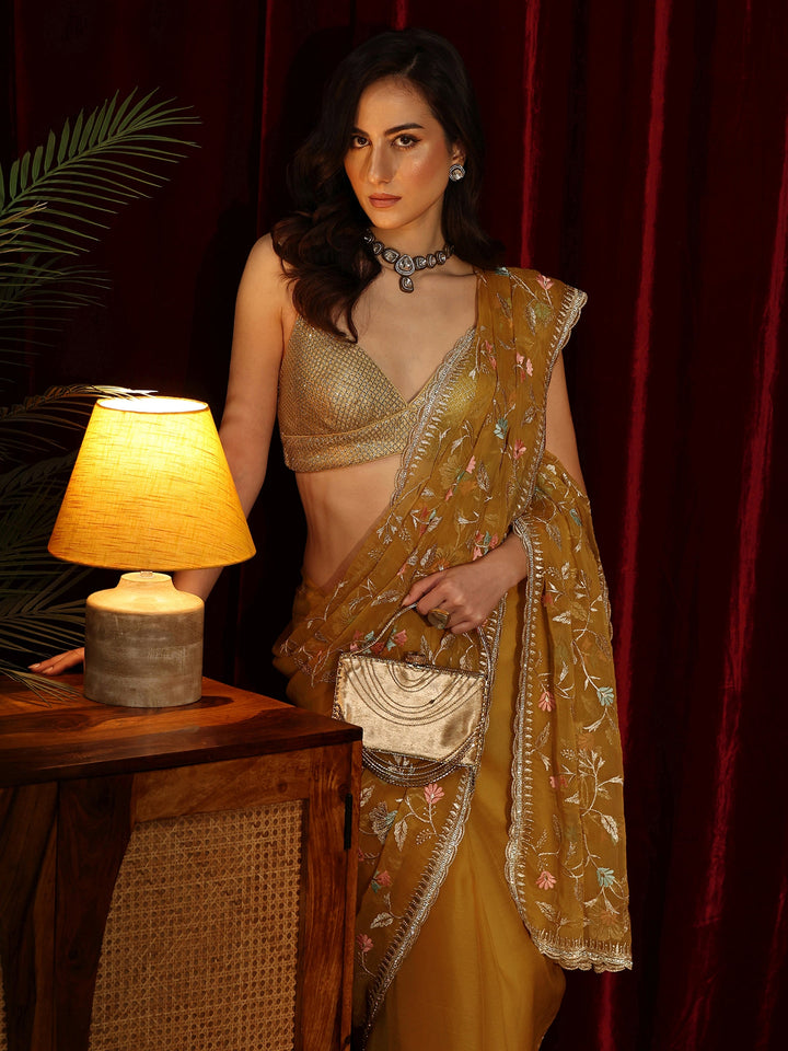 Libas Mustard Floral Embroidered Chiffon Saree