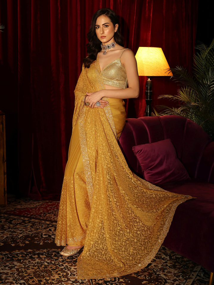 Libas Art Mustard Floral Embroidered Chiffon Saree