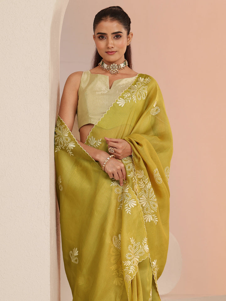 Libas Mustard Floral Embroidered Net Saree