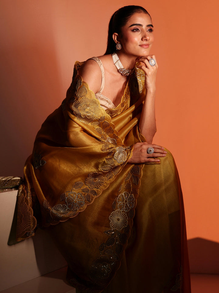 Libas Mustard Floral Embroidered Net Saree