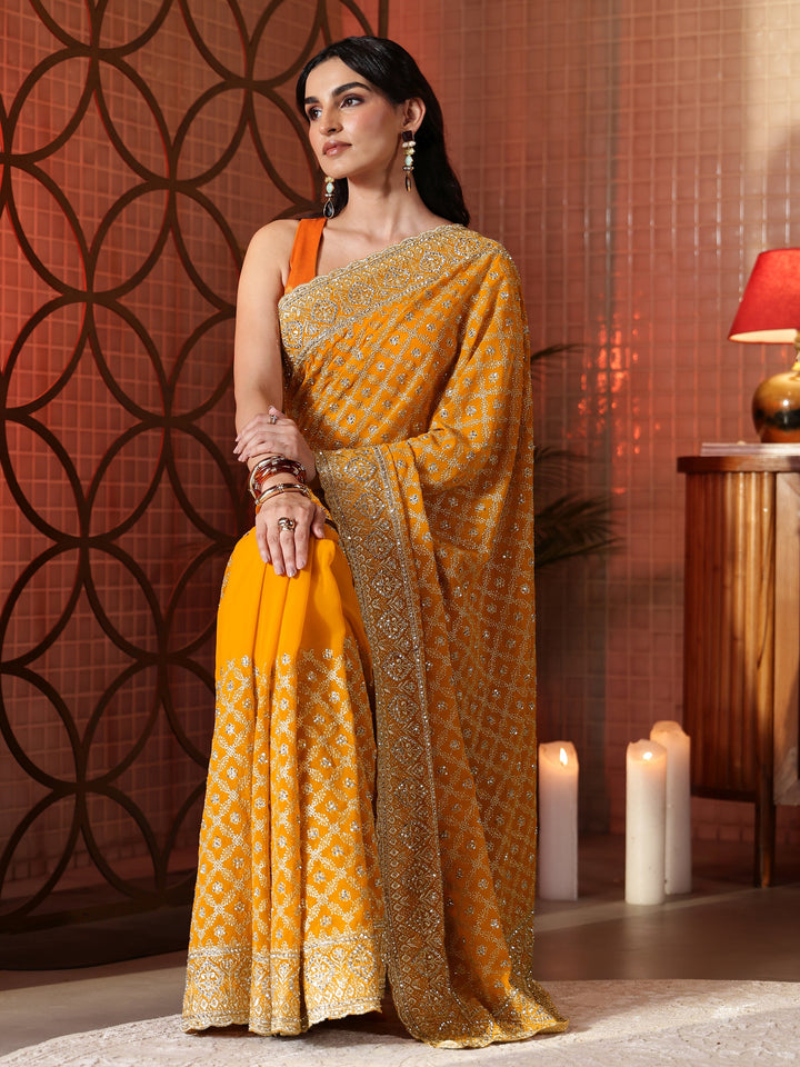 Libas Mustard Floral Embroidered Satin Saree