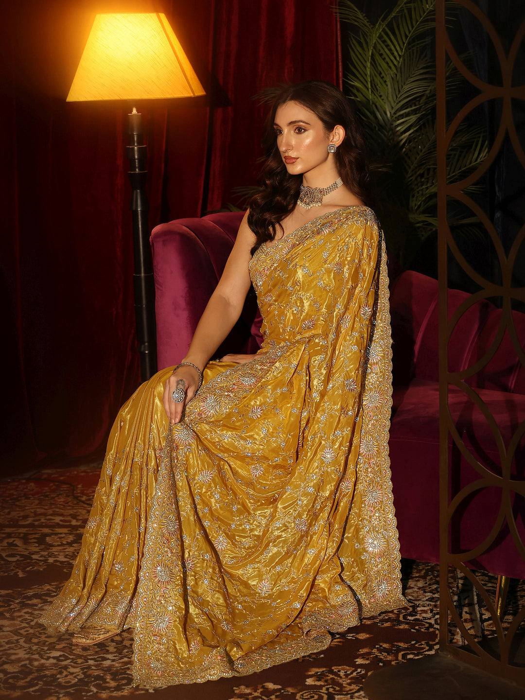 Libas Art Mustard Floral Embroidered Satin Saree