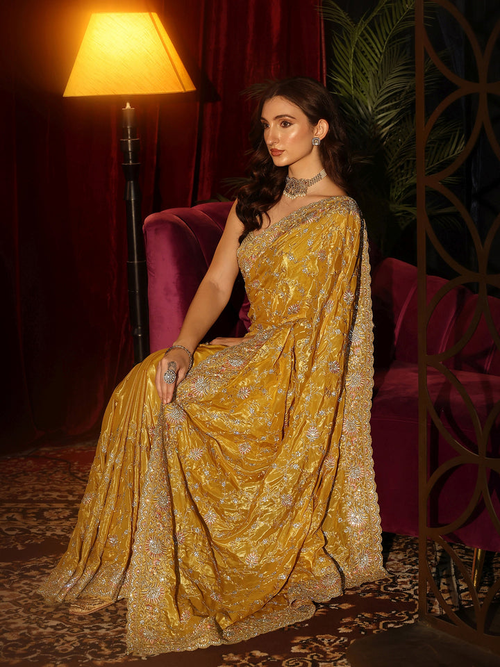Libas Art Mustard Floral Embroidered Satin Saree