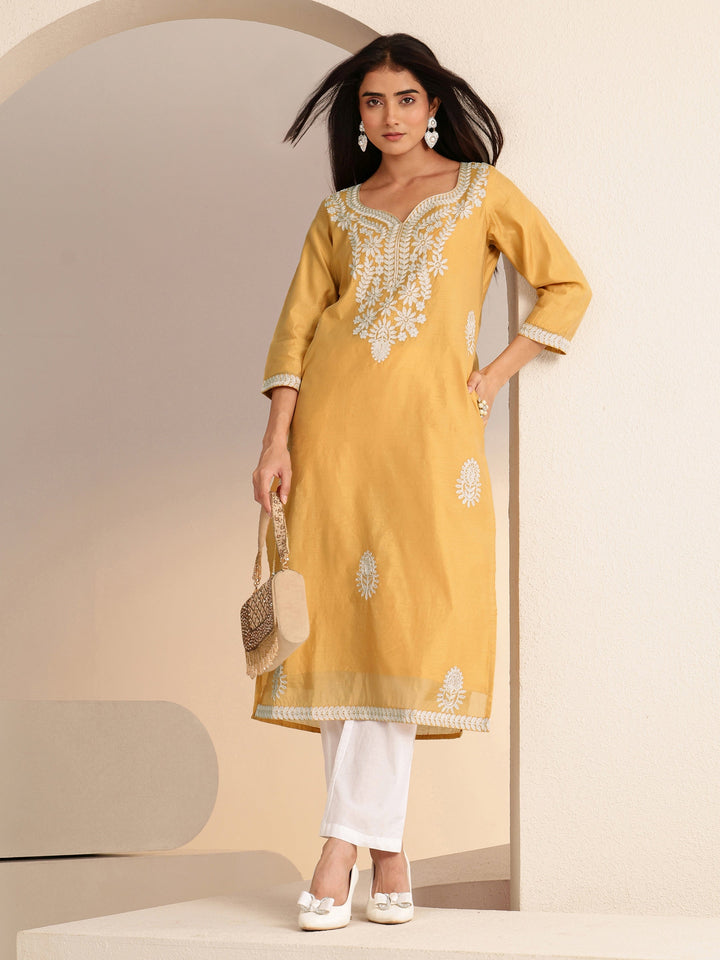 Libas Mustard Floral Embroidered Silk Blend Straight Kurta