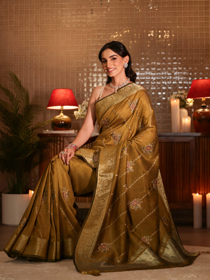 Libas Mustard Floral Embroidered Silk Blend Saree