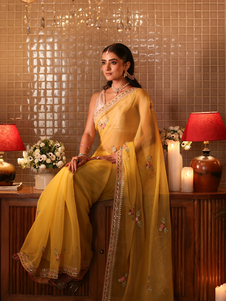 Libas Mustard Floral Embroidered Silk Blend Saree