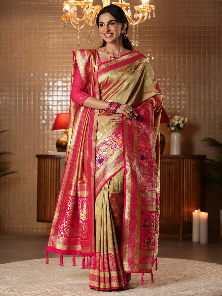 Libas Mustard Floral Woven Design Silk Blend Saree