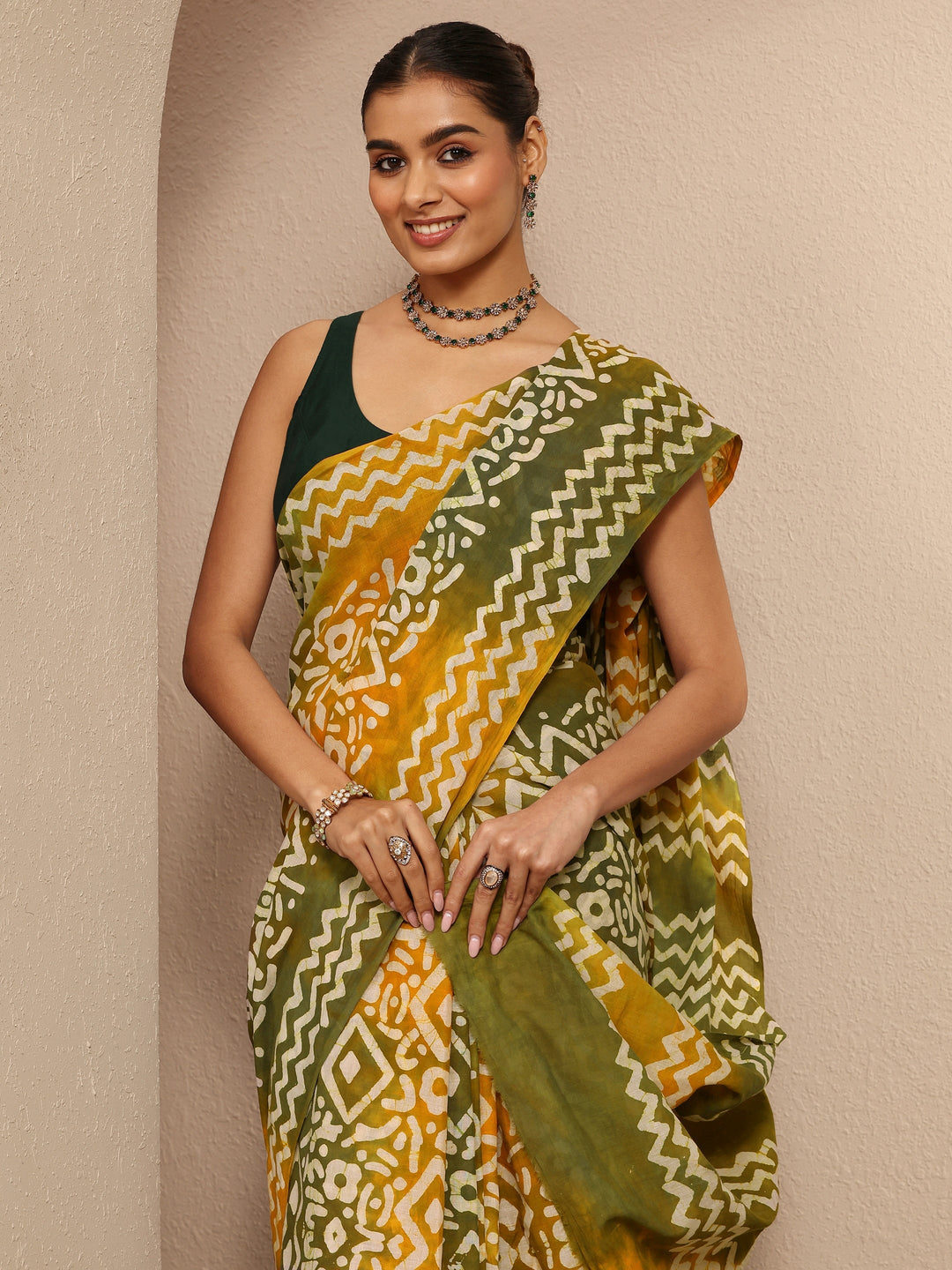 Mustard Ikat Printed Cotton Saree With Unstitched Blouse Piece