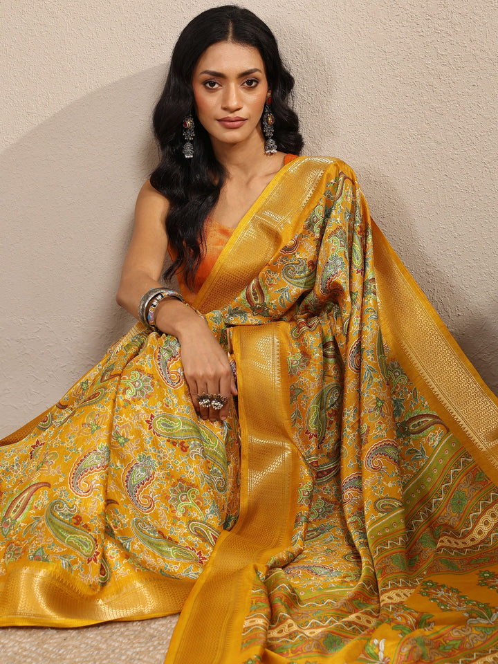 Mustard Paisley Printed Silk Blend Saree With Unstitched Blouse Piece