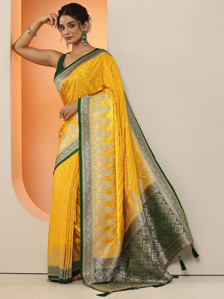 Mustard Paisley Woven Design Sarees With Unstitched Blouse Piece