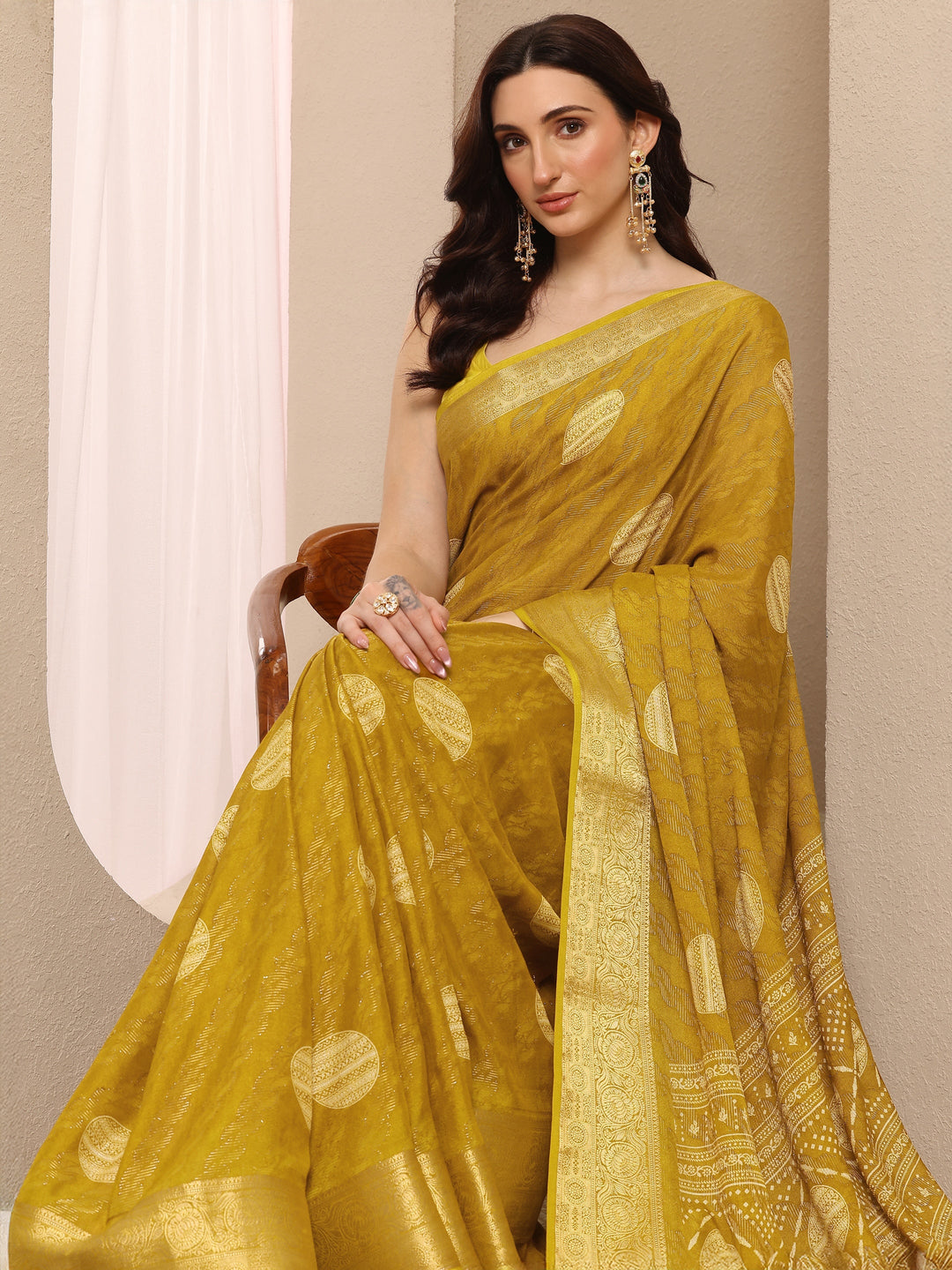 Libas Mustard Printed Georgette Saree With Unstitched Blouse Piece